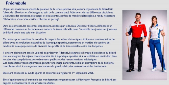 Carambole - Tenue sportive - Les règles évoluent à partir du 1er septembre 2026