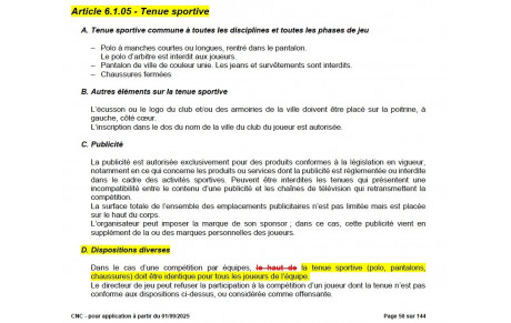 Carambole - Tenue sportive - Les règles évoluent à partir du 1er septembre 2025