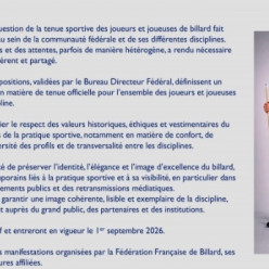 Carambole - Tenue sportive - Les règles évoluent à partir du 1er septembre 2026